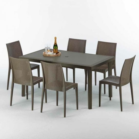 Grand Soleil - Table rectangulaire 6 chaises Poly rotin resine 150x90 marron Focus | Bistrot Marron Moka 7640179383530 S7050SETMK6SBIMK