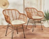 Lot de deux fauteuils effet bambou - résine et métal noir, style colonial, assise beige Beige / Beige - Beige 3760326991389 WKCHRX2BAMB