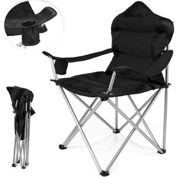 Chaise de camping pliante noir | jusqu'à 150 kg | chaise de pêche, avec accoudoirs et porte-gobelets - Tresko 4260613490223 CPS-005