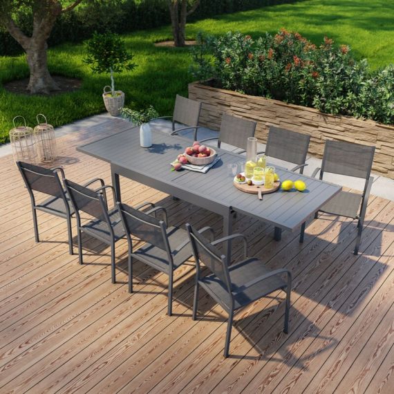 Avril Paris - Table de jardin extensible en aluminium 270cm + 8 fauteuils empilables textilène anthracite - MILO 8 - Anthracite 3664380003166 GR-MILO-8F014NN