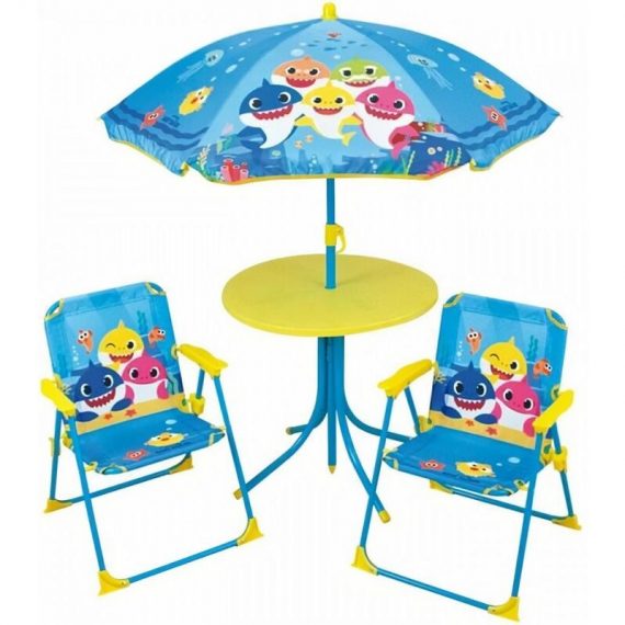 Baby Shark Salon de jardin - 1 table H.46xø46 cm, 2 chaises H.53xl.38,5xP.37,5 cm et 1 parasol H.125 x ø100 cm - Fun House 3700057134624 FUN3700057134624
