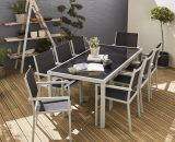 Salon de jardin aluminium table 180cm, 8 fauteuils en textilène Gris / Noir - Gris 3760216539608 AF180R8GY