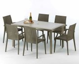 Table rectangulaire et 6 chaises Poly rotin resine ensemble bar cafè exterieur 150x90 Beige Marion | Bistrot Arm Marron Moka 7640179383318 S7050SETJ6PBIMK
