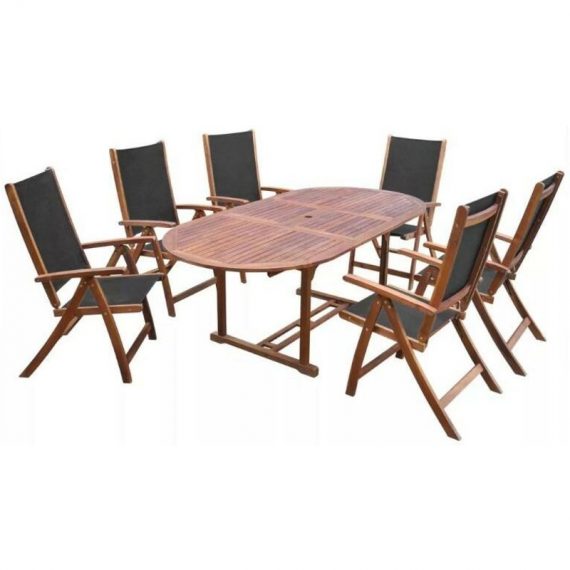 Table ovale extensible et 6 chaises de jardin acacia foncé et tissu noir Noiro 8718475961925 41749