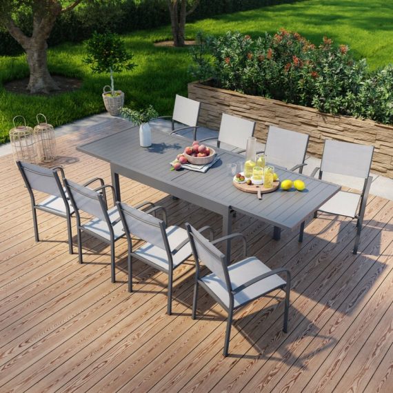 Table de jardin extensible en aluminium 270cm + 8 fauteuils empilables textilène anthracite gris - MILO 8 - Anthracite 3664380003159 GR-MILO-8F014NG