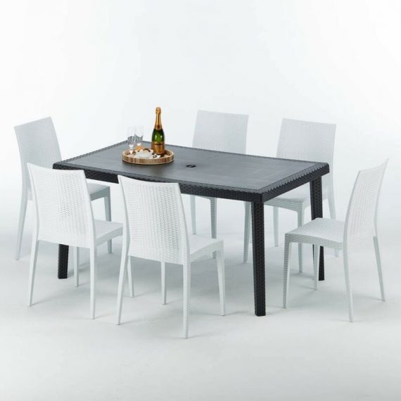 Table rectangulaire et 6 chaises Poly rotin colorées 150x90cm noir Enjoy | Bistrot Blanc 7640179382786 S7050SETA6SBIB