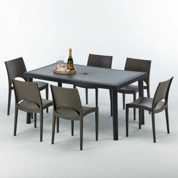 Table rectangulaire et 6 chaises Poly rotin colorées 150x90cm noir Enjoy | Paris Marron Moka 7640179382656 S7050SETA6PMK