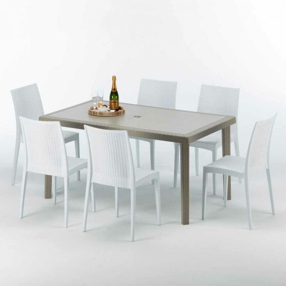 Table rectangulaire et 6 chaises Poly rotin resine ensemble bar cafè exterieur 150x90 Beige Marion | Bistrot Blanc 7640179383288 S7050SETJ6SBIB