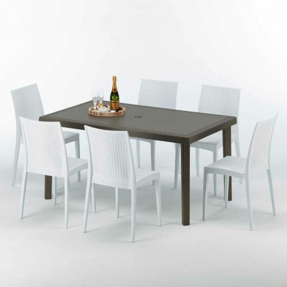 Table rectangulaire 6 chaises Poly rotin resine 150x90 marron Focus | Bistrot Blanc 7640179383547 S7050SETMK6SBIB
