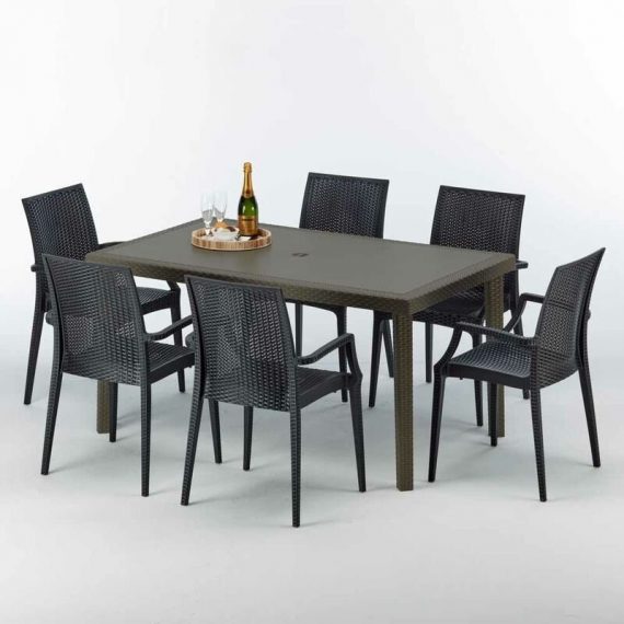 Table rectangulaire 6 chaises Poly rotin resine 150x90 marron Focus | Bistrot Arm Anthracite noir 7640179383561 S7050SETMK6PBIY