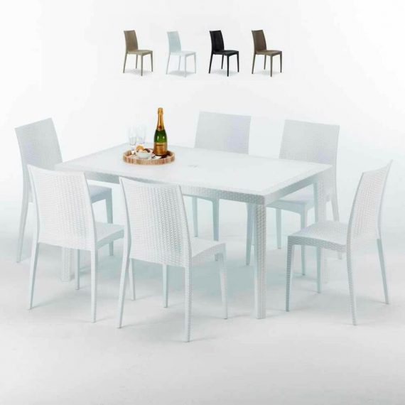 Table Rectangulaire Blanche 150x90cm Avec 6 Chaises Colorées Grand Soleil Set Extérieur Bar Café Bistrot Summerlife | Blanc 7640179383042 S7050SETB6SBIB