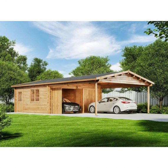 Garage double avec carport Alpholz Falun-70 ISO naturel , 70 mm Épaisseur de paroi 595 x 1076 cm - sans traitement de couleur 4251554411538 A1.3.00001.0