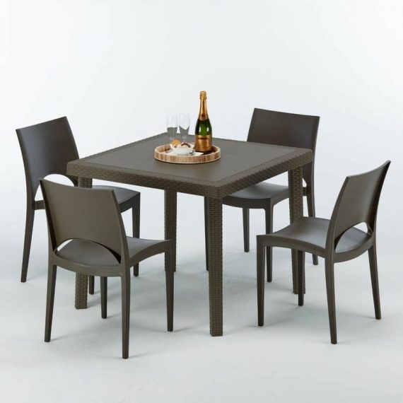 Table carrée et 4 chaises colorées Poly-rotin résine 90x90 marron | Paris Marron Moka 7640179382403 S7090SETMK4PMK