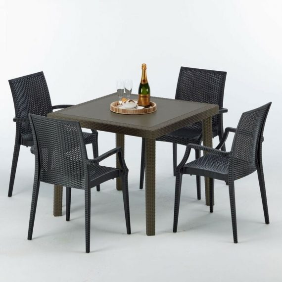 Table carrée et 4 chaises colorées Poly-rotin résine 90x90 marron | Bistrot Arm Anthracite noir 7640179382557 S7090SETMK4PBIY