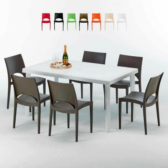 Table Rectangulaire Blanche 150x90cm Avec 6 Chaises Colorées Grand Soleil Set Extérieur Bar Café Paris Summerlife | Marron 7640179382908 S7050SETB6PMK