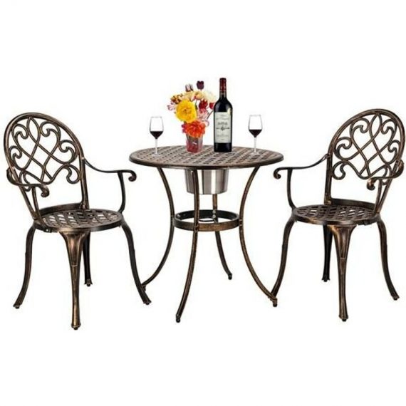 Table et chaises d'extérieur en aluminium de style européen en trois parties de couleur bronz Table Ronde Fonte d'aluminium Imitation Fer forgé Noir 9350876129970 SY-BKDFEJDCDU