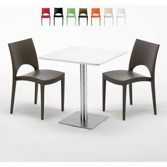 Table carrée blanche 70x70 avec pied en acier et 2 chaises colorées Paris Strawberry | Couleur: Marron 7640255930696 SET2SHO70SBPMK