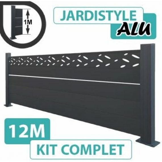 Kit Clôture Aluminium Gris Anthracite 12M - Design avec liseré - Sur Platines - 1 mètre - Gris Anthracite (RAL 7016) 3117188234916 ALD12101