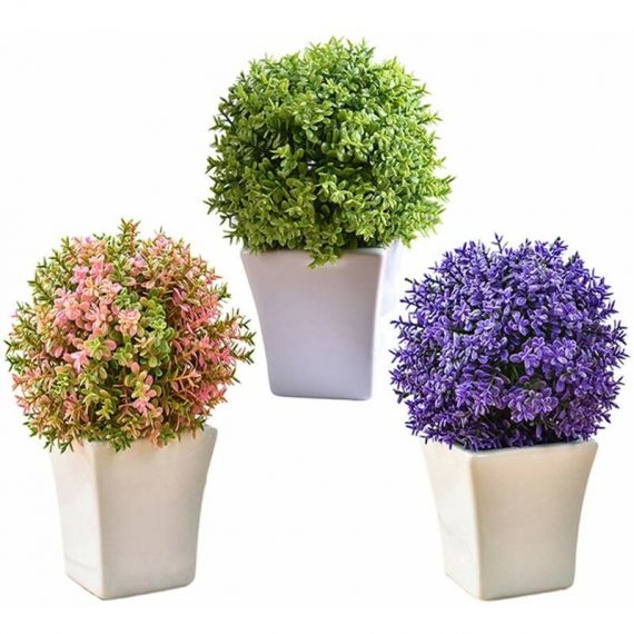 3 Pièces de Petites Fleur Artificielle avec Blanc Pot Intérieur Exterieur Plante Artificielles pour Déco(Vert+Violet+Roses) 7042421113474 PLANCO1