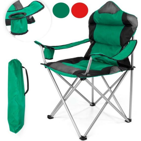 Chaise de camping pliante VERT | jusqu'à 150 kg | chaise de pêche, avec accoudoirs et porte-gobelets - Tresko 796856339332 CPS-003