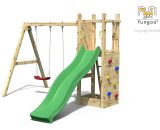 Fungoo - Aire de jeux funny 3 avec échelle, bac à sable, toboggan vert, mur d'escalade et balançoire 2 sièges - Kit sécurité ancrage au sol fournis 5902730330950 4430