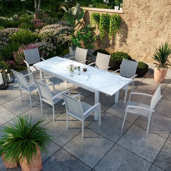 Avril Paris - Table de jardin extensible aluminium blanc effet marbre 180/240cm + 8 fauteuils empilables textilène - ania - Blanc 3664380005290 LA-T004-8CH008MBR