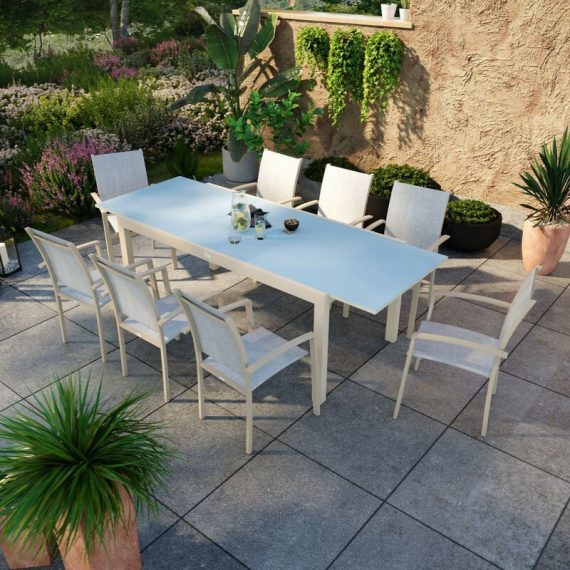 Table de jardin extensible aluminium champagne 180/240cm + 8 fauteuils empilables textilène - ANIA - Gris 3664380003272 LA-T180240-8CH004