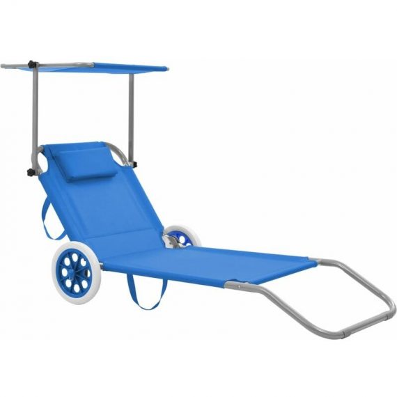 Chaise longue pliable avec auvent et roues Acier Bleu  TD46078