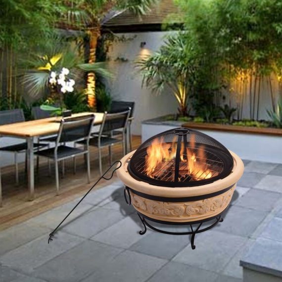 Braséro de jardin à bois chauffage extérieur tisonnier couvercle grille charbon BBQ oxyde magnésium sable Teamson Home HR26303AA-S - Beige 816780028567 HR26303AA-S