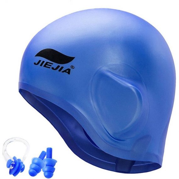 Jiejia - Bonnet De Bain En Silicone De Protection Auditive 3D Bleu + Pince-Nez + Clip D'Oreille 791874701475 Y11692BL