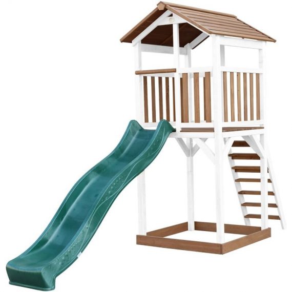AXI Beach Tower Aire de Jeux avec Toboggan en vert & Bac à Sable | Grande Maison enfant extérieur en marron & blanc | Cabane de Jeu en Bois FSC 8720365061554 A025.120.01