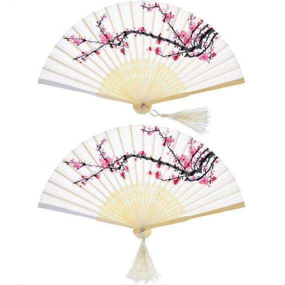 Lts Fafa - Ventilateur pliable, ventilateur en bambou portatif avec pompon pour femme pour décoration murale, cadeau (blanc cerise) 7681083007549 wjz-00097