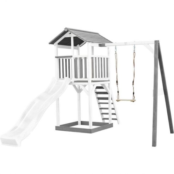 Beach Tower Aire de Jeux avec Toboggan en blanc, Balançoire & Bac à Sable | Grande Maison enfant extérieur en gris & blanc | Cabane de Jeu en Bois 8717973936527 A025.121.92