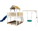 Atka Maison Enfant avec Bac à Sable, Balançoire Nid d'Oiseau Vert & Toboggan Bleu | Aire de Jeux pour l'extérieur en marron & blanc | Maisonnette / 8717973933120 A030.223.31