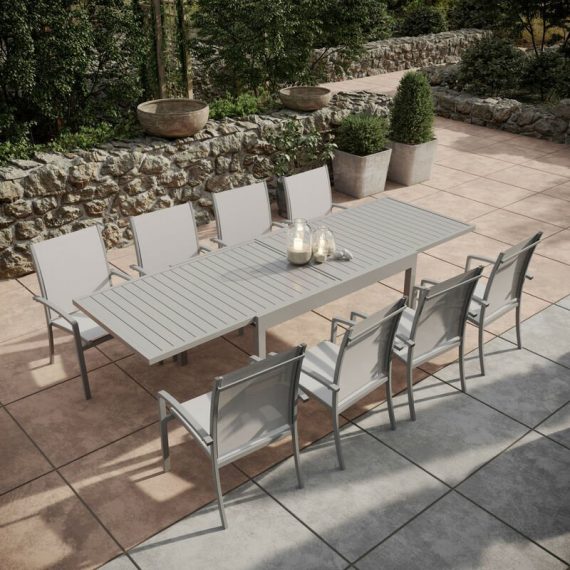 Avril Paris - Table de jardin extensible aluminium 135/270cm + 8 fauteuils empilables textilène gris - ANDRA - Gris 3664380001278 GR-T135270G-8CH012G