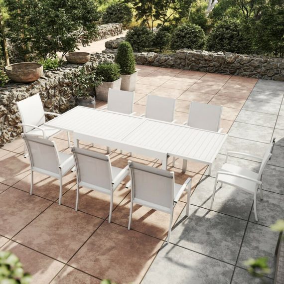 Avril Paris - Table de jardin extensible aluminium 270cm + 8 fauteuils empilables textilène -Blanc - ANDRA - Blanc 3664380003128 GR-T135270B-8CH012B