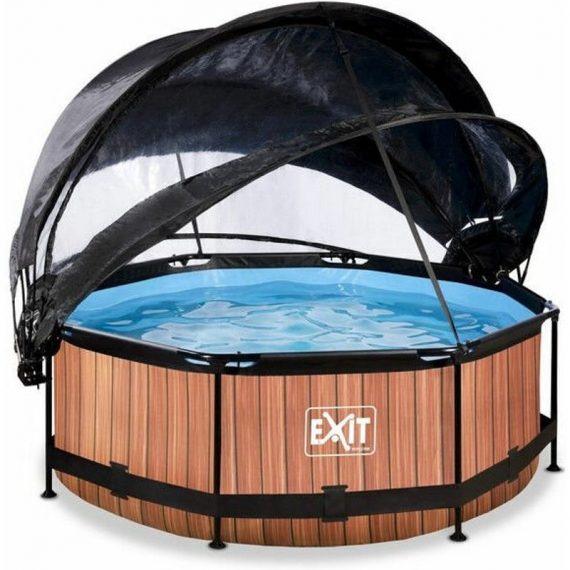 Exit Toys - exit Wood zwembad ø244x76cm met overkapping, schaduwdoek en filterpomp - bruin 8720088269343 30.36.08.10
