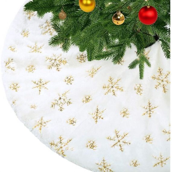 Robe de sapin de Noël Robe de sapin de Noël blanche épaisse en fausse fourrure avec coussin de flocon de neige à paillettes dorées Couverture de 4262178096773 CHEN-110429