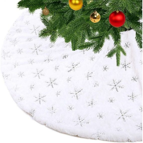 Elle - Christmas Tree Skirt Faux Fur Thick White Xmas Tree Skirt with Silver Sequin Snowflake Tree Mat Christmas Tree Base Cover 90cm/35inch 4262178096766 CHEN-110428