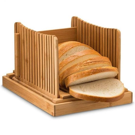 Almi - Trancheuse à pain en bambou – Réglable, compact, pliable, guide de tranchage avec ramasse-miettes, 3 épaisseurs réglables pour pain fait 5041869048265 AL66-58440_1