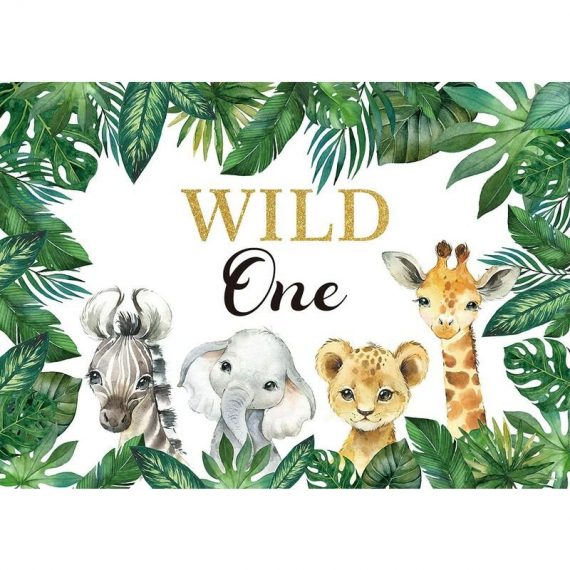 Wild One Birthday Happy Background Toile de fond pour photographie,thème jungle,éléphant,lion,bannière pour premier anniversaire d'enfant (image 9026928320533 GUAnLB-002953