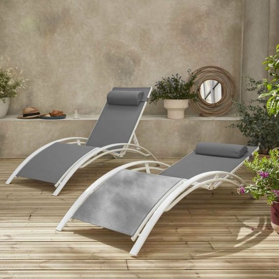 Alice's Garden - Duo de bains de soleil en aluminium et textilène Louisa Blanc / Gris - Blanc 3760216539950 AFLOUNGEWHGYX2