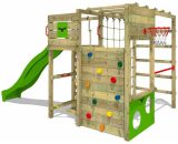 Fatmoose - Aire de jeux Portique bois FitFrame avec toboggan vert pomme Échafaudage grimpant avec mur d'escalade & accessoires de jeux 4250533951416 621247