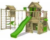 Fatmoose - Aire de jeux Portique bois CrazyCat avec balançoire TowerSwing et toboggan vert pomme Maison enfant exterieur avec échelle d'escalade & 4251511817007 813450