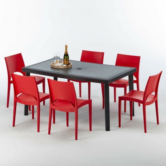 Grand Soleil - Table rectangulaire et 6 chaises Poly rotin colorées 150x90cm noir Enjoy | Paris rouge 7640179382649 S7050SETA6PR
