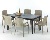Table rectangulaire et 6 chaises Poly rotin colorées 150x90cm noir Enjoy | Bistrot Arm Beige Juta 7640169382611 S7050SETA6PBIJ