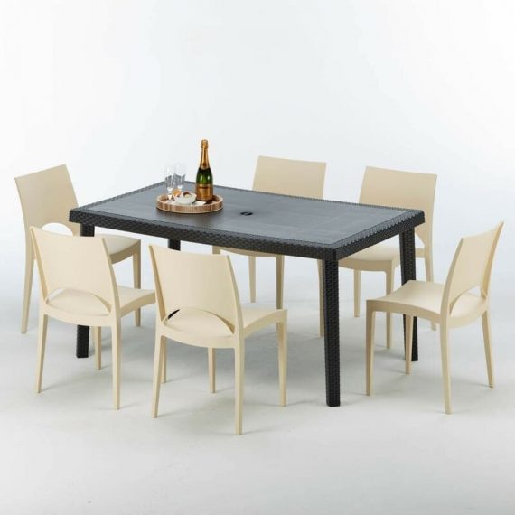 Table rectangulaire et 6 chaises Poly rotin colorées 150x90cm noir Enjoy | Paris Beige ivoire 7640179382625 S7050SETA6PAV