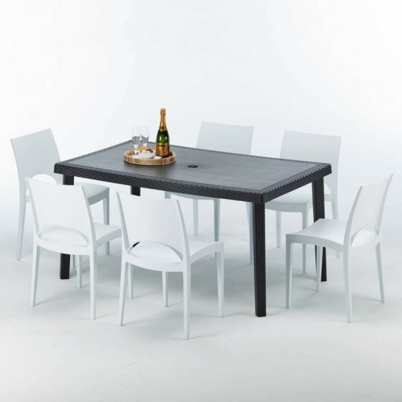 Grand Soleil - Table rectangulaire et 6 chaises Poly rotin colorées 150x90cm noir Enjoy | Paris Blanc 7640179382632 S7050SETA6PB