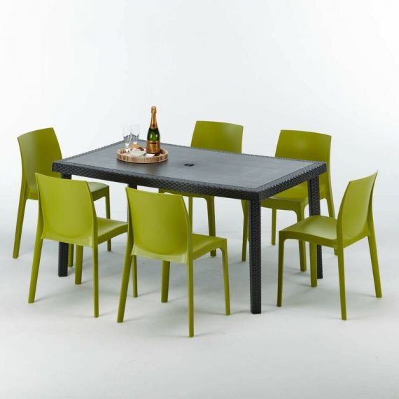 Grand Soleil - Table rectangulaire et 6 chaises Poly rotin colorées 150x90cm noir Enjoy | Rome Anis vert 7640179382670 S7050SETA6RVA