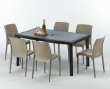 Grand Soleil - Table rectangulaire et 6 chaises Poly rotin colorées 150x90cm noir Enjoy | Boheme Beige Juta 7640179382762 S7050SETA6SBJ